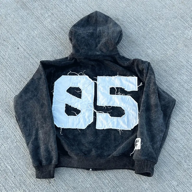 hongfeng offers custom acid wash hoodie with high-quality faded cut square zipper designs.